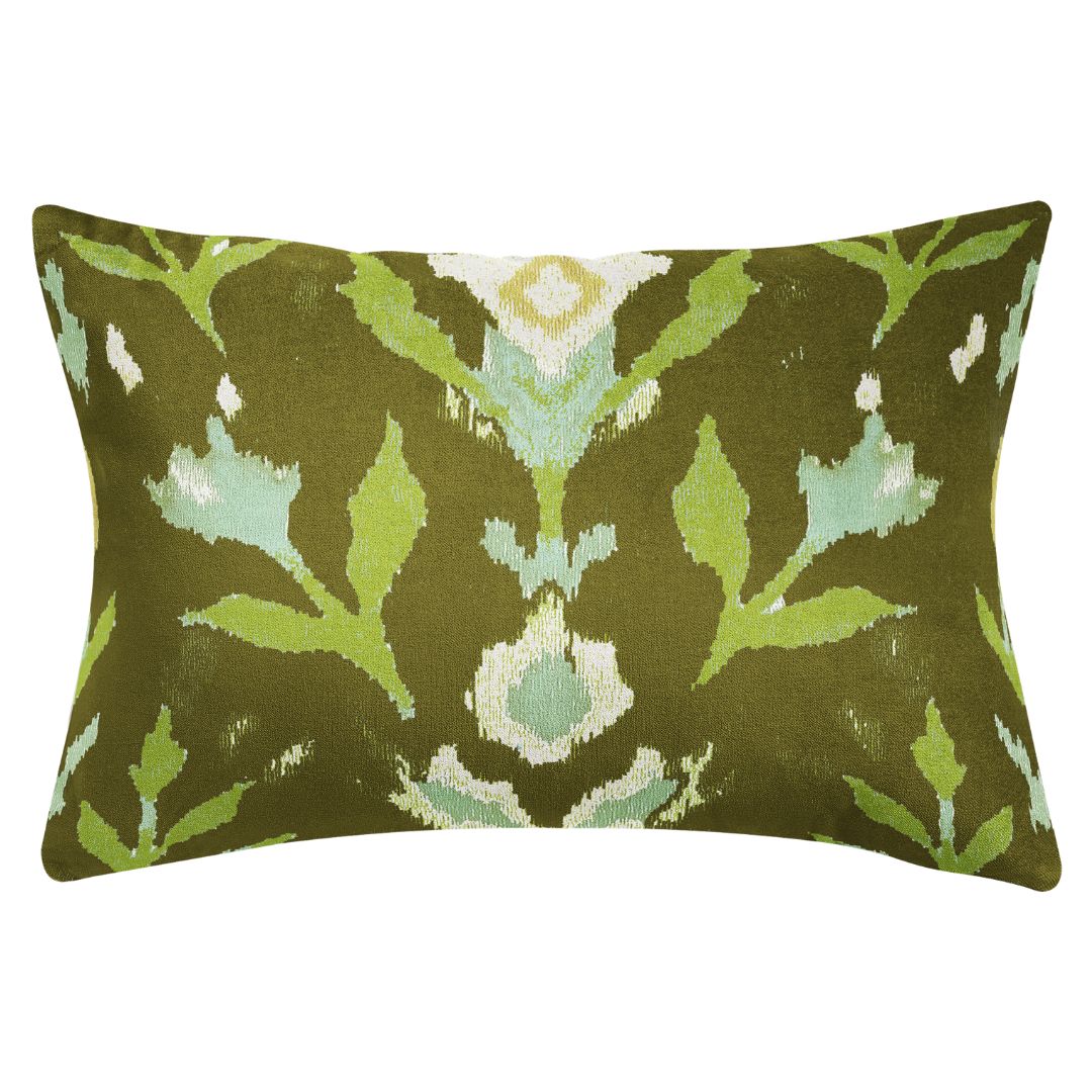 Petal Garden Olive decorative throw pillow by Laura Park Designs featuring hand-painted green and blue florals in light blue and green on a deep olive ground.