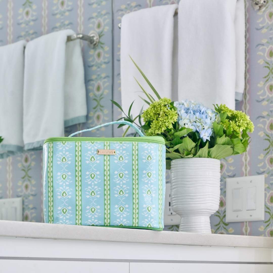 Rosemary Stripe Blue Train Case by Laura Park — signature print home and lifestyle product.