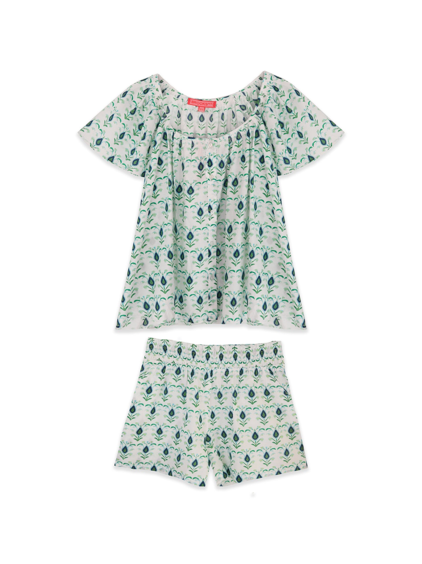 Ivy Flutter Sleeve Pajama Set Short - Rosemary Blue & White