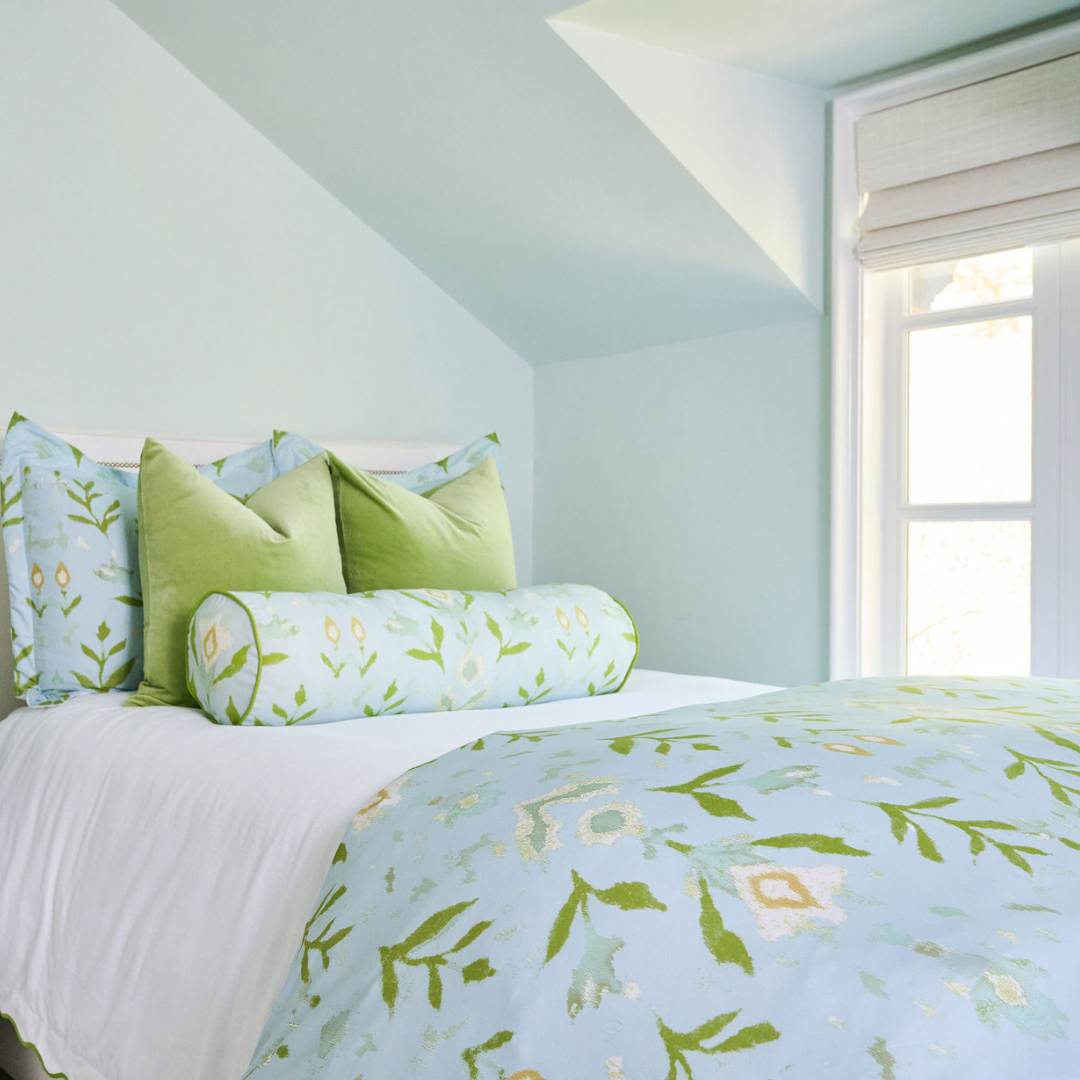 Petal Garden Aqua Duvet Cover by Laura Park featuring floral motifs on a solid aqua background — bedroom bedding for queen — bedroom bedding for queen and king beds.