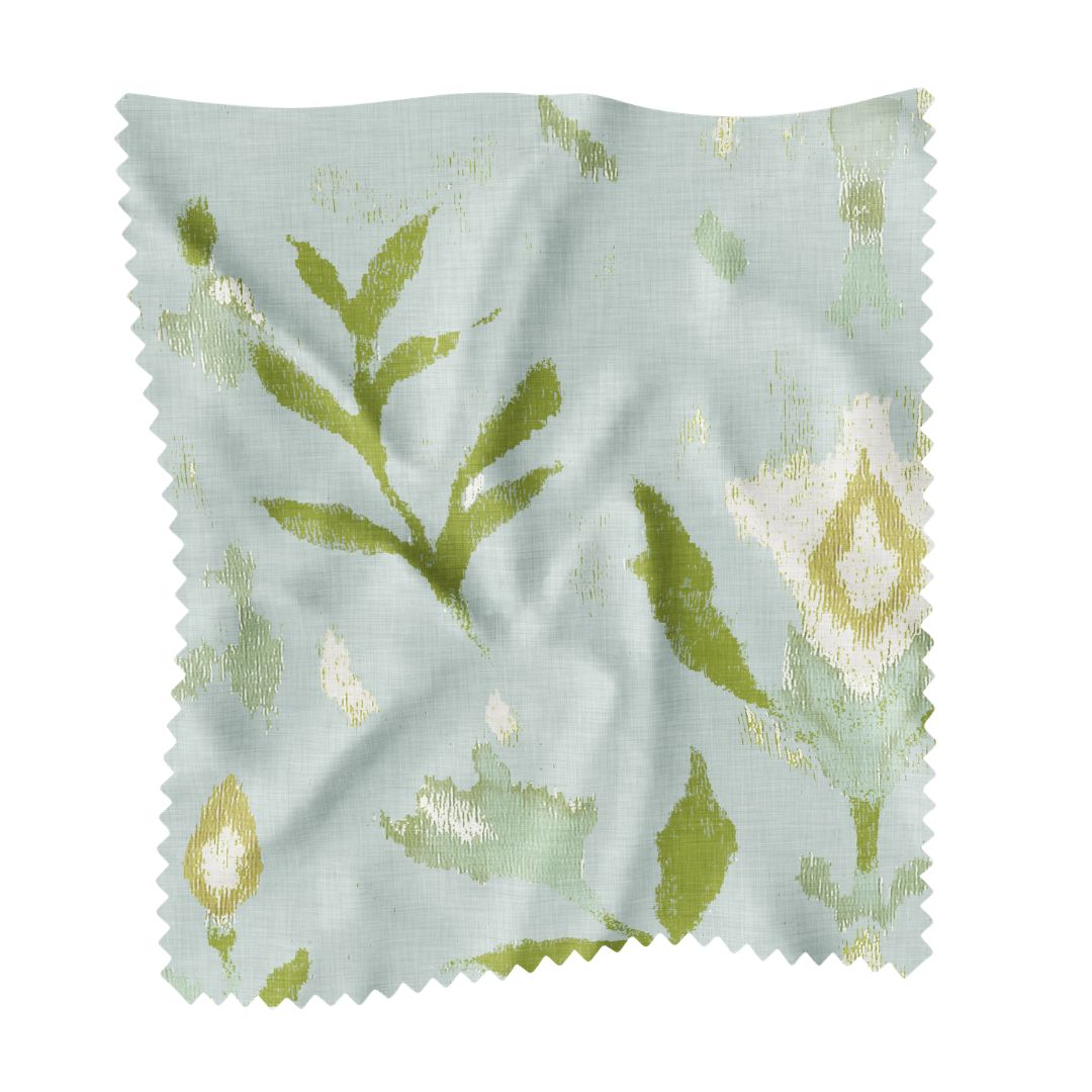 Sample fabric swatch of hand painted design from Laura Park, Petal Garden Aqua. Blue, green, and white floral motifs on fabric swatch for home design. 