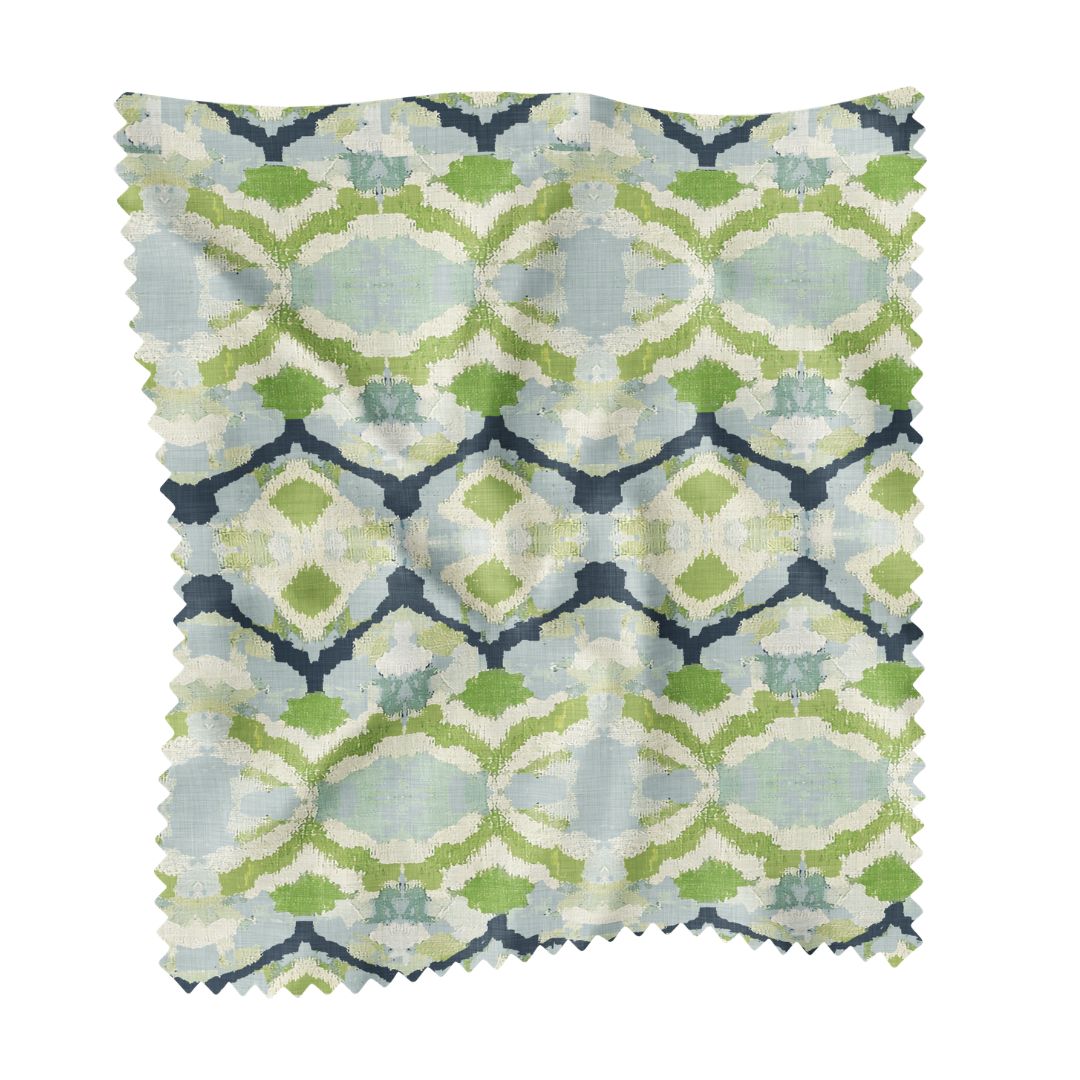 Willow Weave Sample Swatch by Laura Park featuring handwoven-inspired print in soft blues, greens, navy, and ivory — designer uphols — designer upholstery and drapery fabric by the yard.