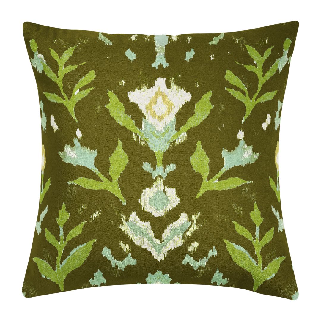 Petal Garden Olive decorative throw pillow by Laura Park Designs featuring hand-painted green and blue florals in light blue and green on a deep olive ground.