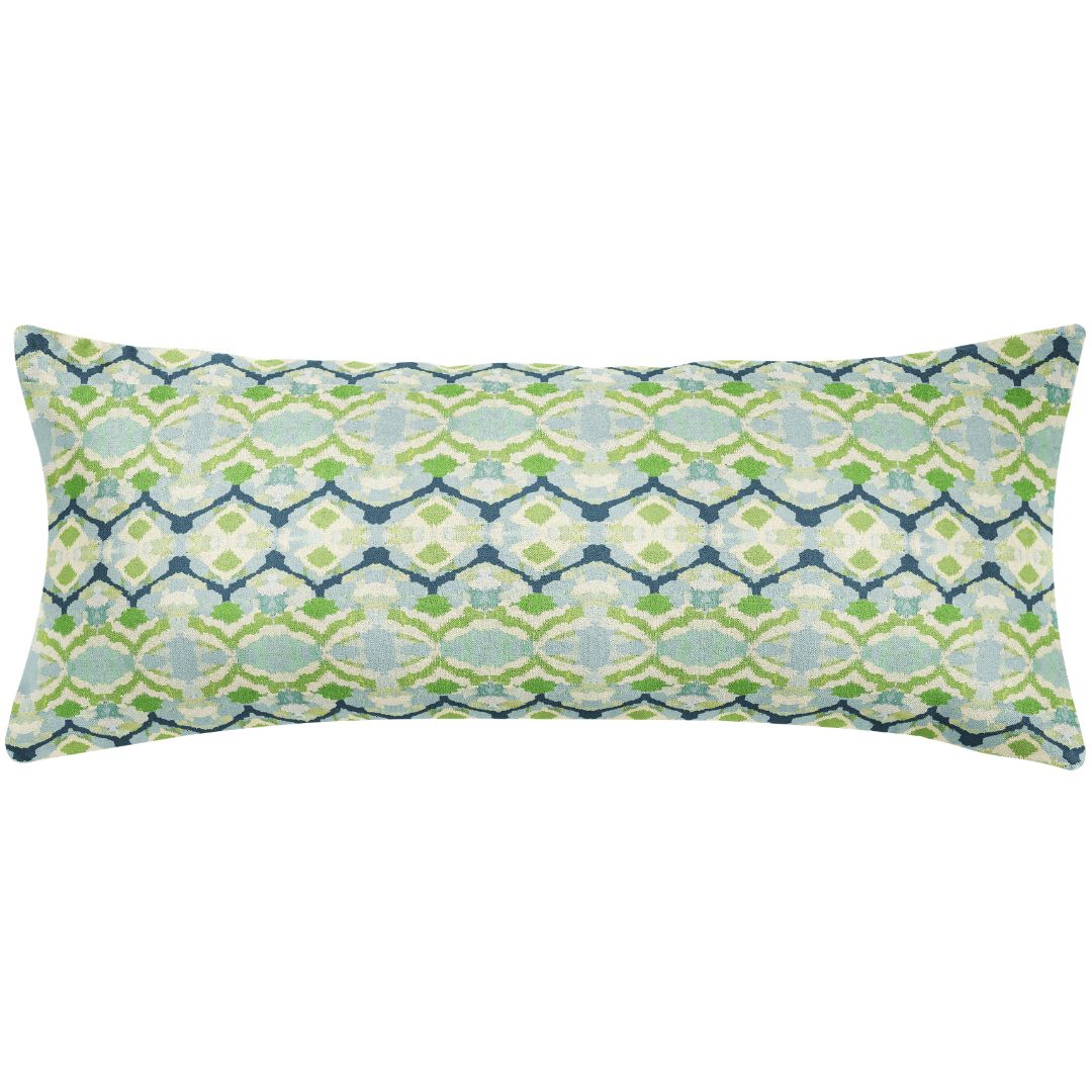 14x36 lumbar decorative Laura Park Willow Weave green, navy blue, and white geometric hand painted design throw pillow for couches, beds, and accent chairs. 