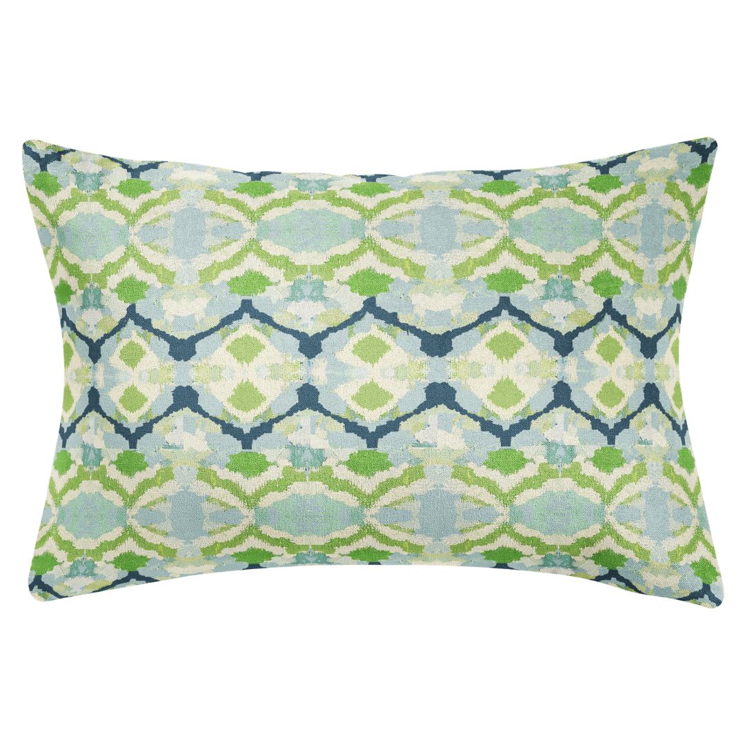 14x20 decorative Laura Park Willow Weave green, navy blue, and white geometric hand painted design throw pillow for couches, beds, and accent chairs. 