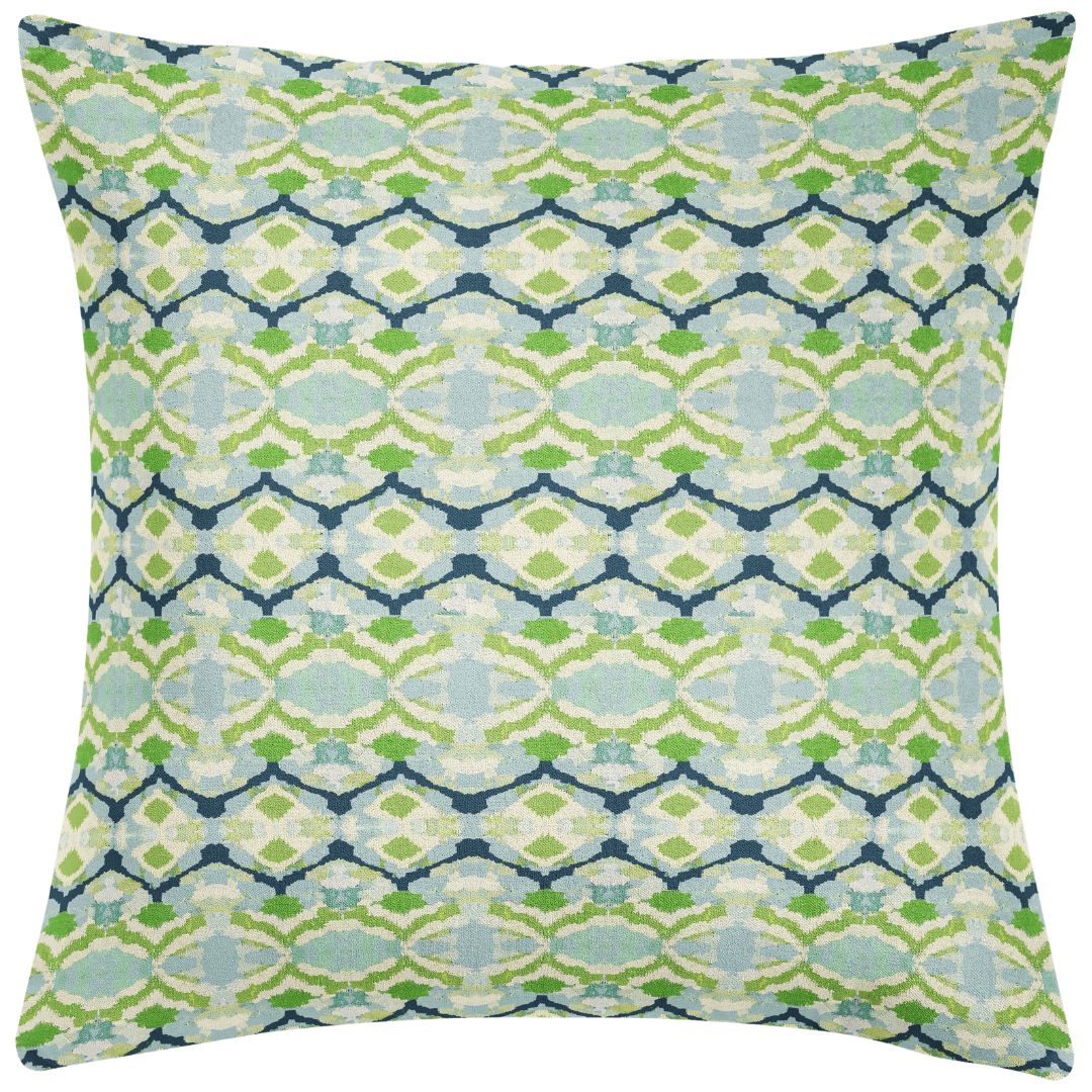 26x26 euro decorative Laura Park Willow Weave green, navy blue, and white geometric hand painted design throw pillow for couches, beds, and accent chairs. 