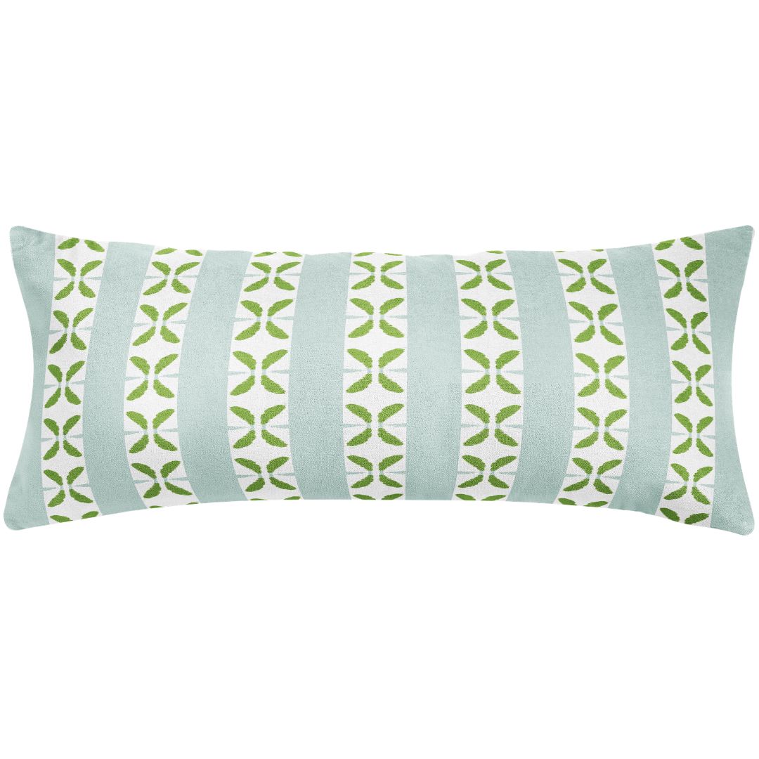  Laura Park's Petal Stripe Light Blue Decorative Throw Pillow with blue stripes and painterly green petal motifs ready to style on sofas, beds, and accent chairs. 