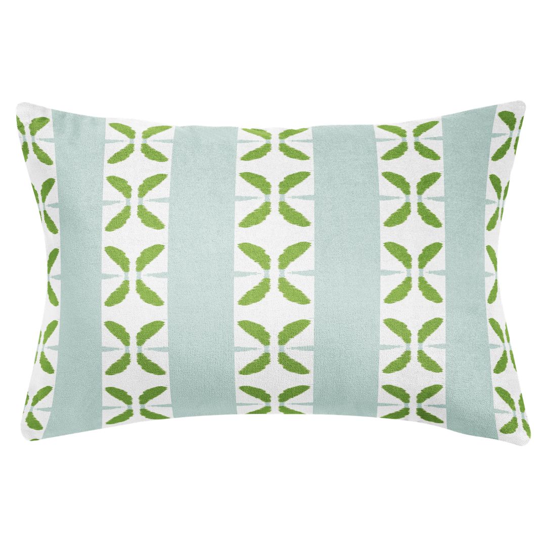 Laura Park's Petal Stripe Light Blue Decorative Throw Pillow with blue stripes and painterly green petal motifs ready to style on sofas, beds, and accent chairs. 