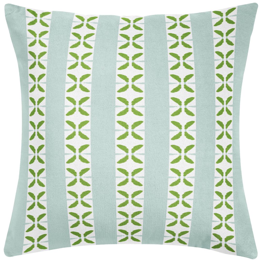 Laura Park's Petal Stripe Light Blue Decorative Throw Pillow with blue stripes and painterly green petal motifs ready to style on sofas, beds, and accent chairs. 