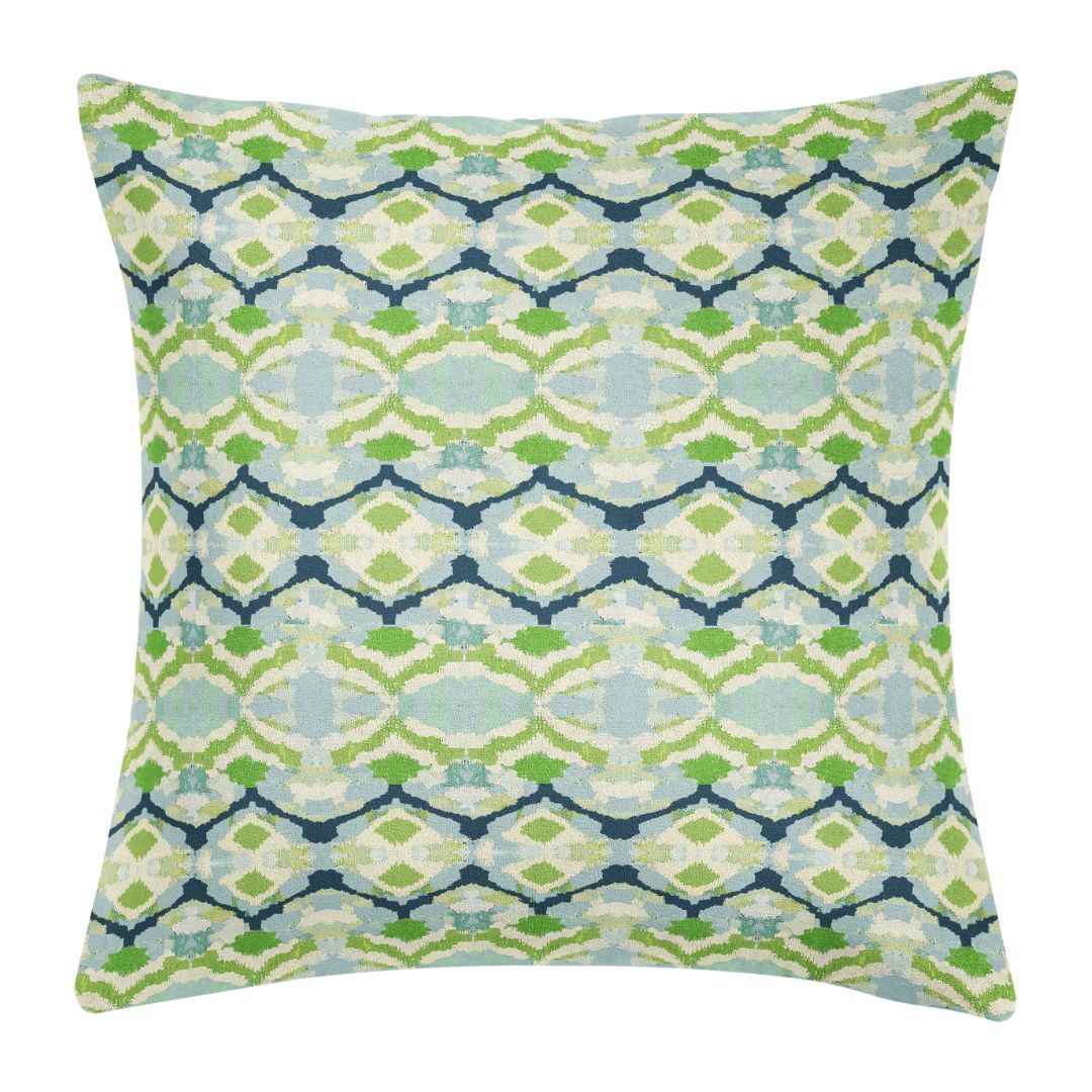 22x22 decorative Laura Park Willow Weave green, navy blue, and white geometric hand painted design throw pillow for couches, beds, and accent chairs. 
