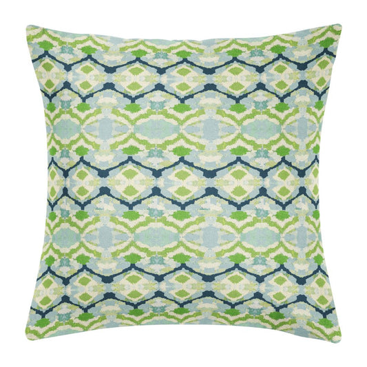 22x22 decorative Laura Park Willow Weave green, navy blue, and white geometric hand painted design throw pillow for couches, beds, and accent chairs. 