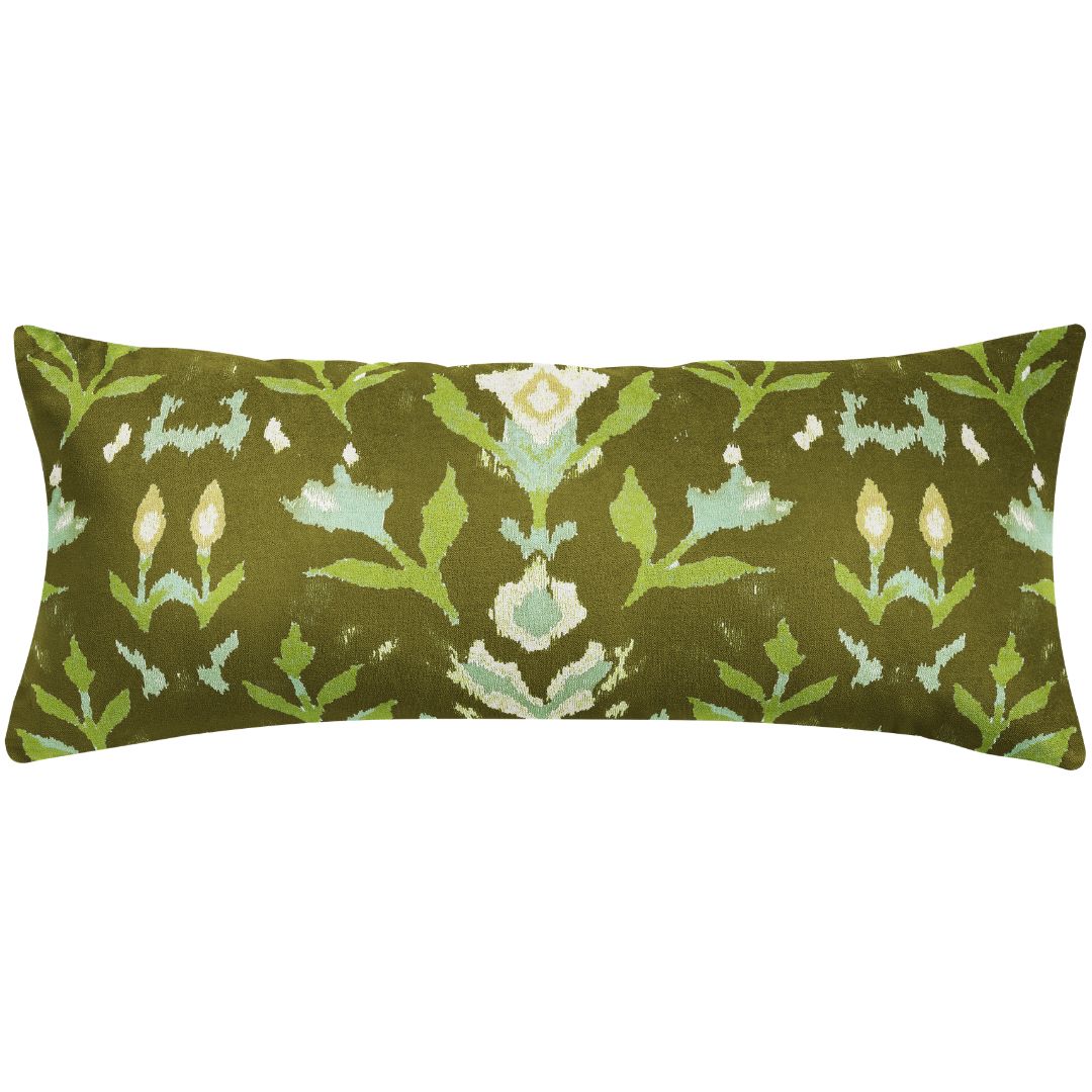 Petal Garden Olive decorative throw pillow by Laura Park Designs featuring hand-painted green and blue florals in light blue and green on a deep olive ground. 