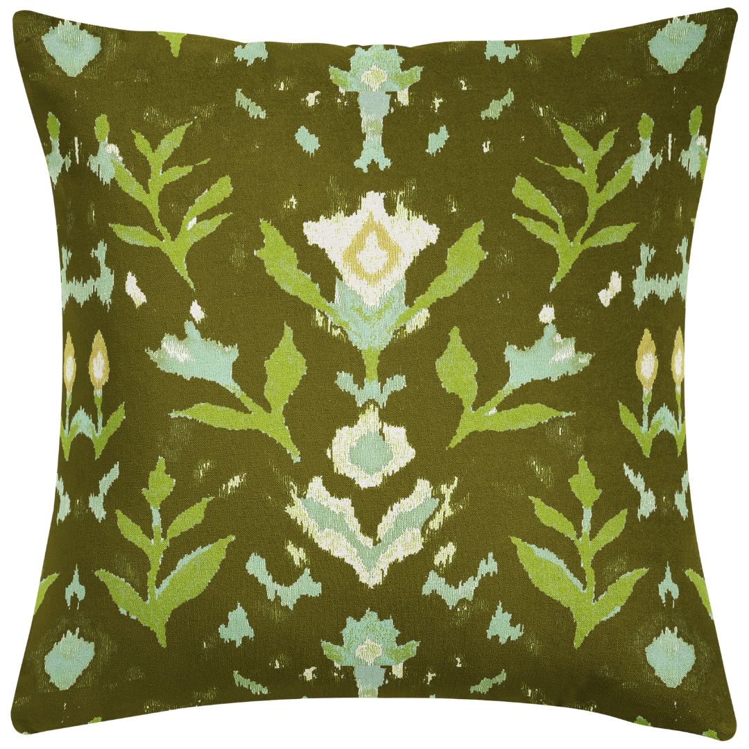 Petal Garden Olive decorative throw pillow by Laura Park Designs featuring hand-painted green and blue florals in light blue and green on a deep olive ground. 