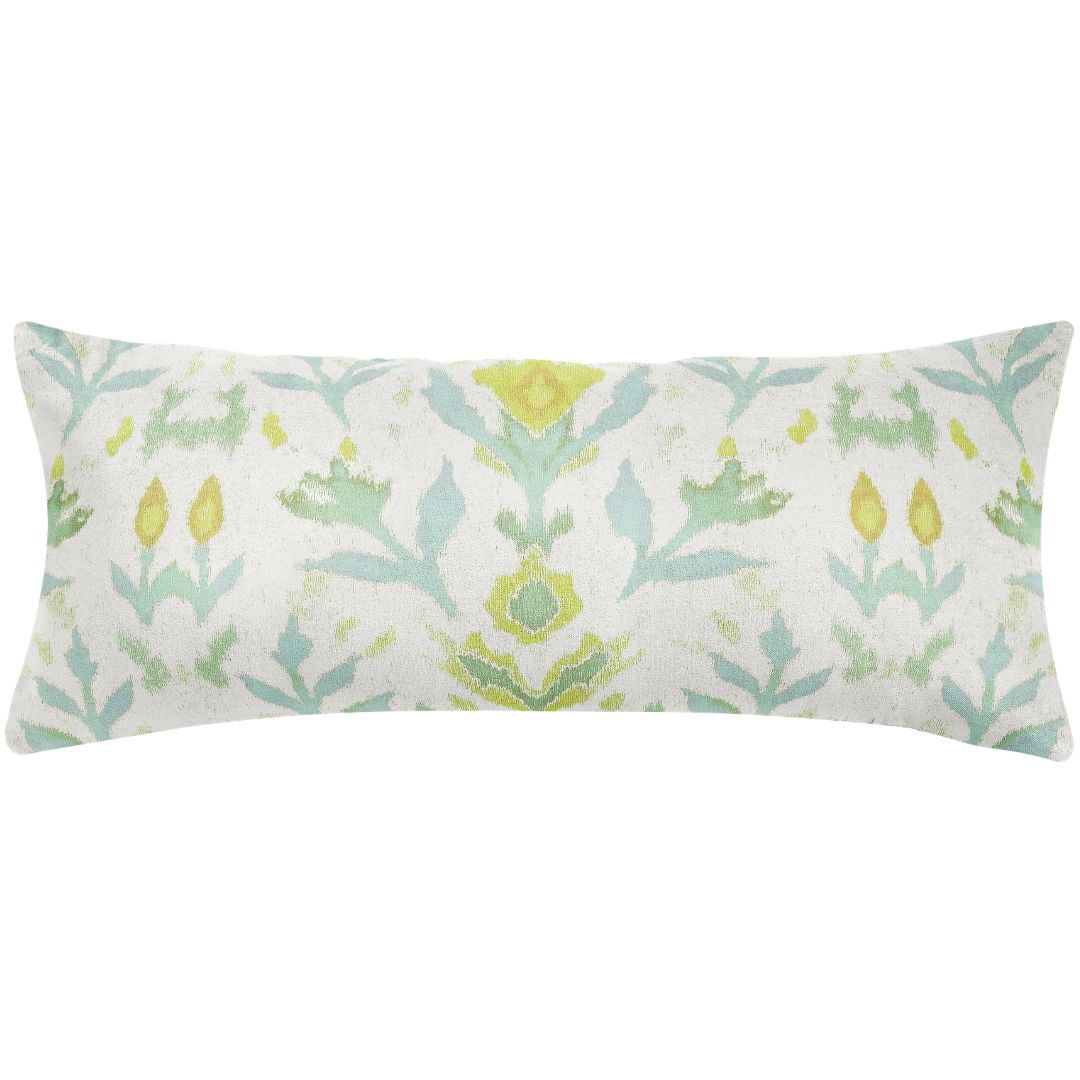 Decorative pillow with a green, blue, and yellow hand painted design by Laura Park, ideal for couches, sofas, chairs, and beds. 
