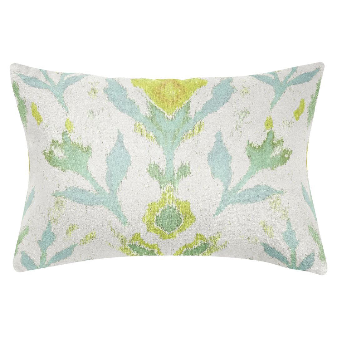 Decorative pillow with a green, blue, and yellow hand painted design by Laura Park, ideal for couches, sofas, chairs, and beds. 