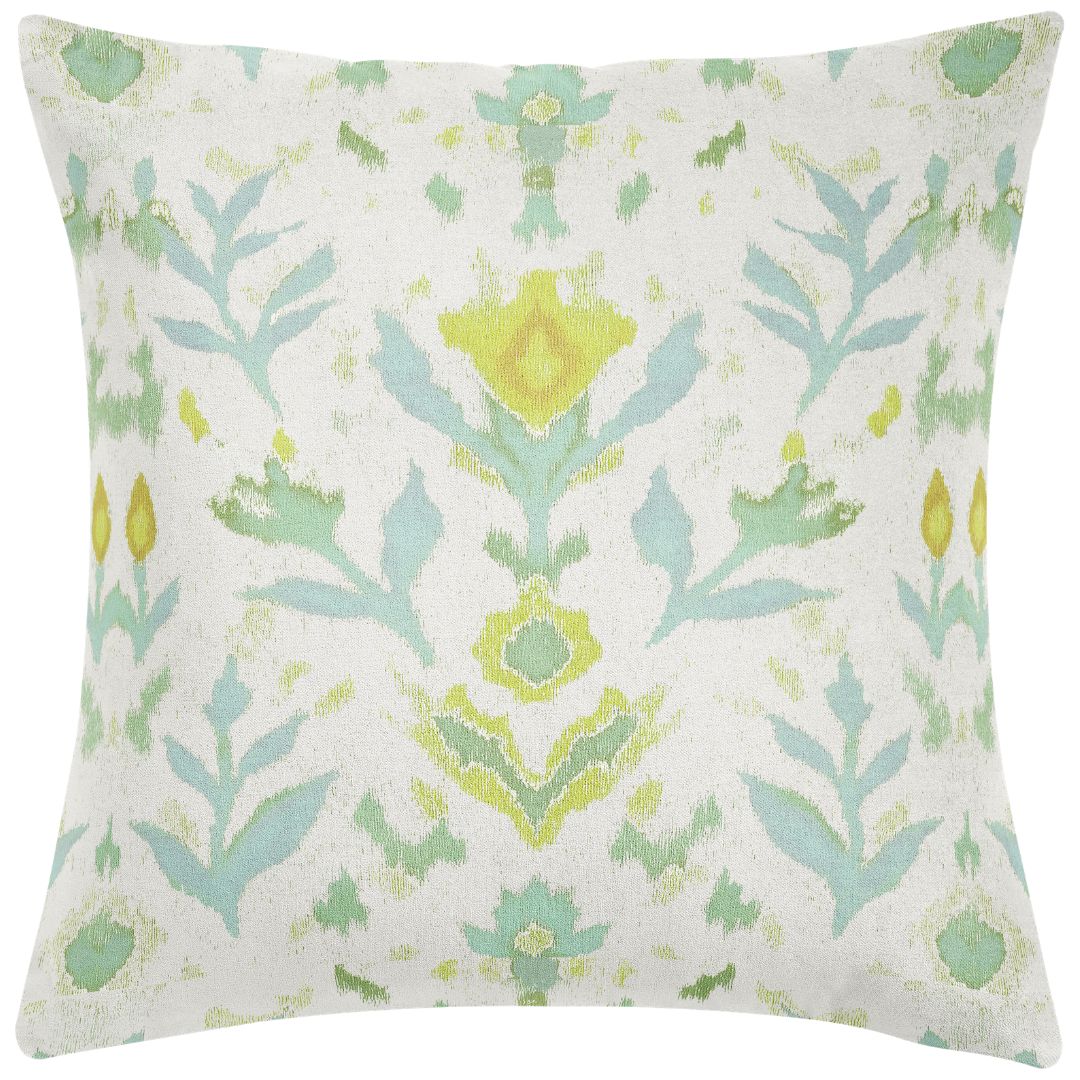 Decorative pillow with a green, blue, and yellow hand painted design by Laura Park, ideal for couches, sofas, chairs, and beds. 