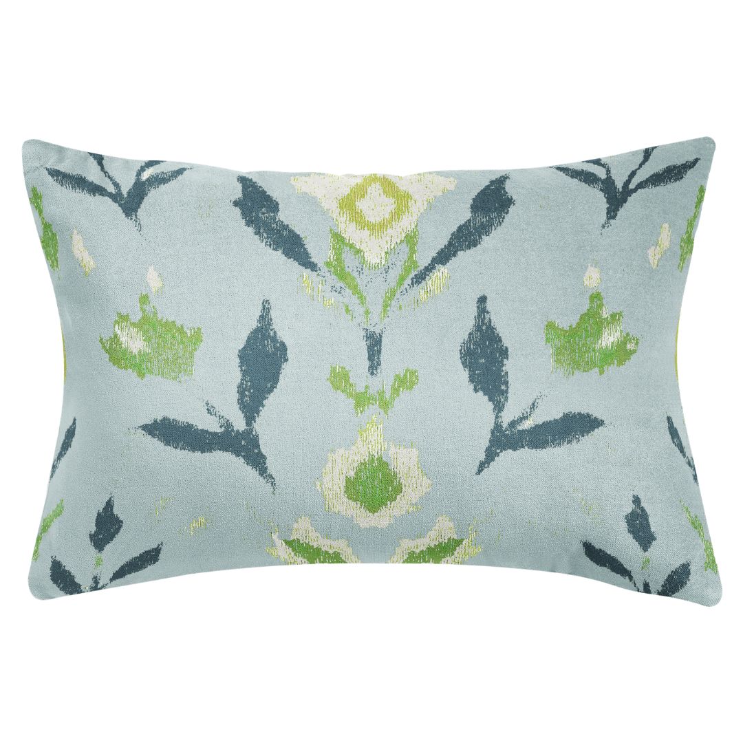 Laura Park's Petal Garden Navy hand painted design on a decorative throw pillow with a navy, olive green, and off white handpainted floral pattern on a light blue background ready to be styled on a couch, bed, or accent chair. 