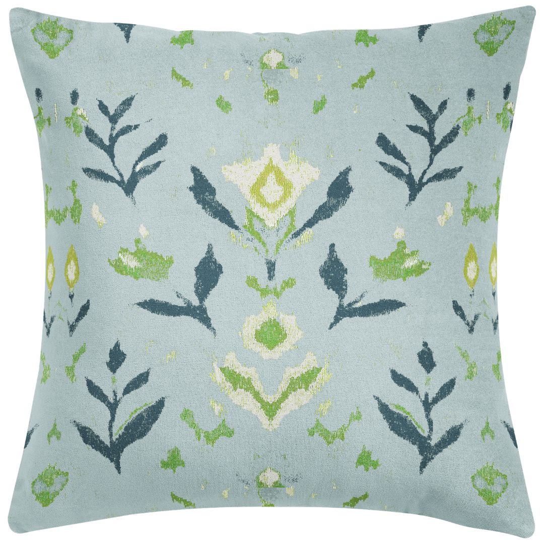Laura Park's Petal Garden Navy hand painted design on a decorative throw pillow with a navy, olive green, and off white hand painted floral pattern on a light blue background ready to be styled on a couch, bed, or accent chair. 