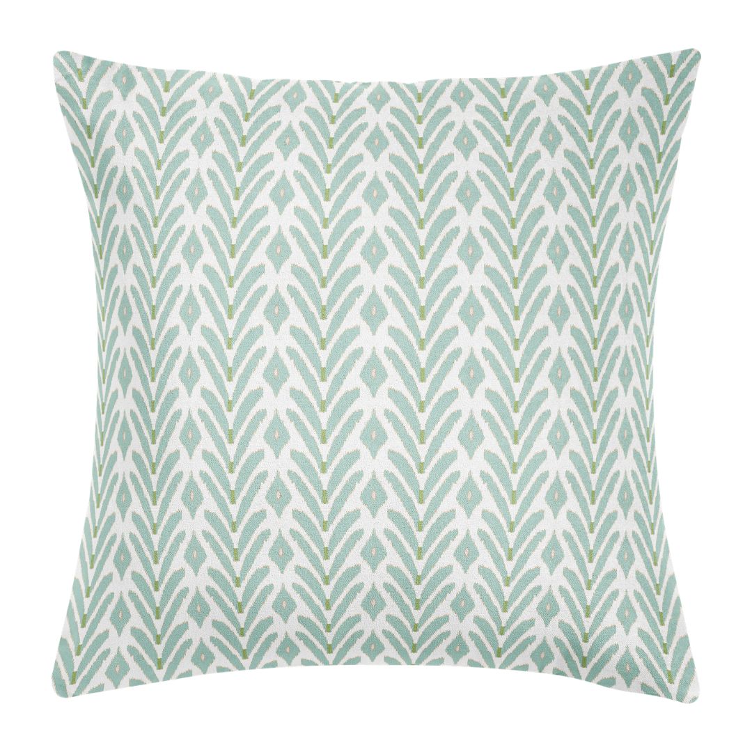 An ikat-inspired motif in soft blue with subtle green accents, Laura Park's Petite Frond Blue Decorative Pillow ready to be styled on a sofa, bed, or accent chair. 