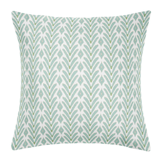 An ikat-inspired motif in soft blue with subtle green accents, Laura Park's Petite Frond Blue Decorative Pillow ready to be styled on a sofa, bed, or accent chair. 