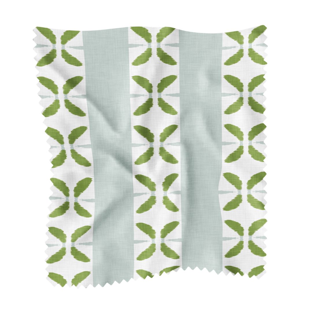 Petal Stripe Light Blue Sample Swatch by Laura Park featuring stripes with green leaf pattern in light blue — designer upholstery — designer upholstery and drapery fabric by the yard.