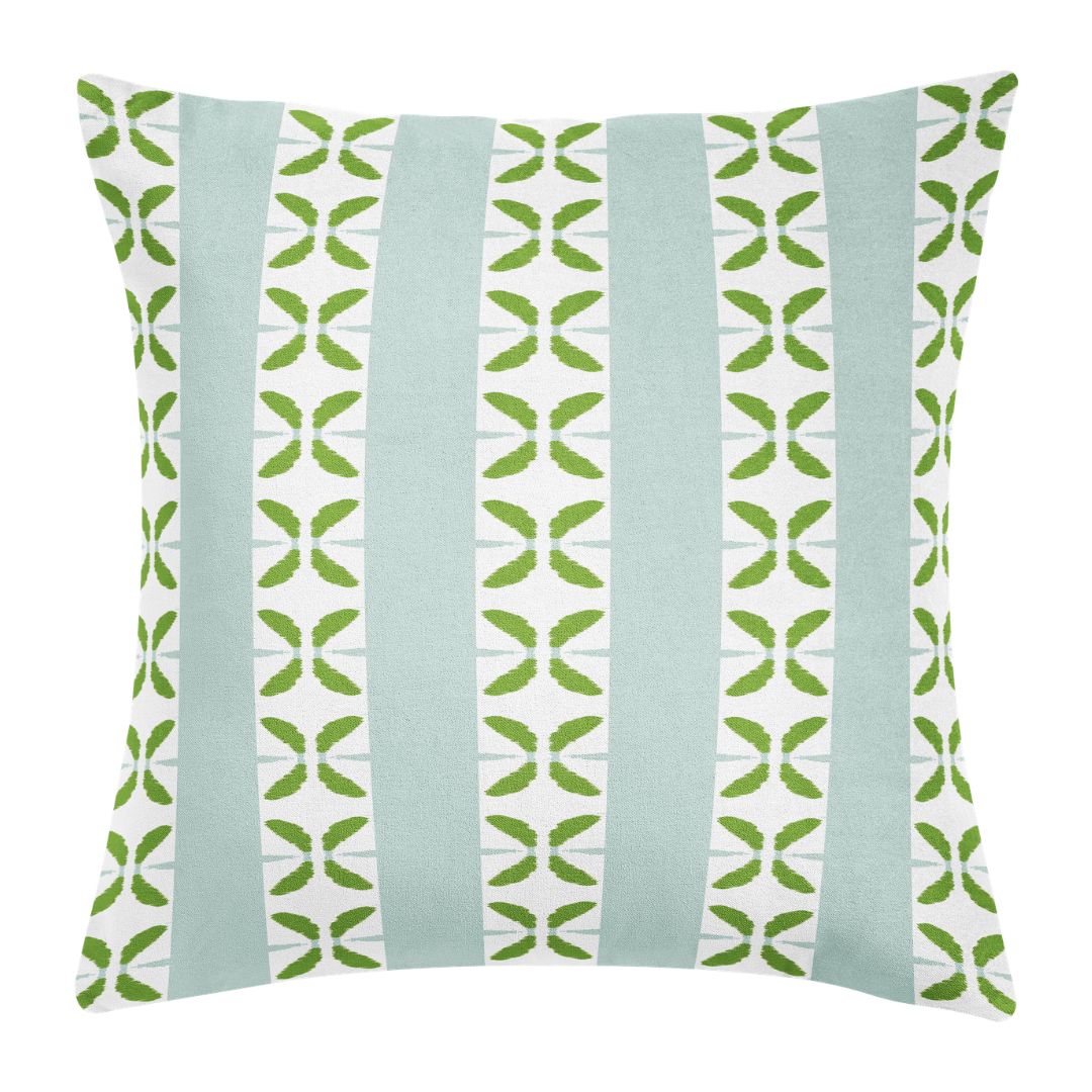 Laura Park's Petal Stripe Light Blue Decorative Throw Pillow with blue stripes and painterly green petal motifs ready to style on sofas, beds, and accent chairs. 