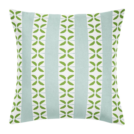 Laura Park's Petal Stripe Light Blue Decorative Throw Pillow with blue stripes and painterly green petal motifs ready to style on sofas, beds, and accent chairs. 