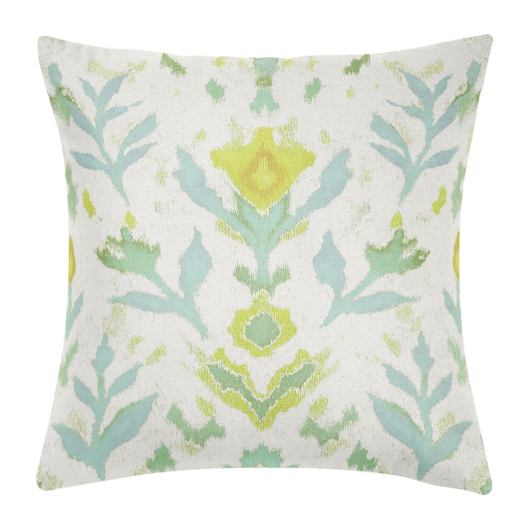 Decorative pillow with a green, blue, and yellow hand painted design by Laura Park, ideal for couches, sofas, chairs, and beds. 