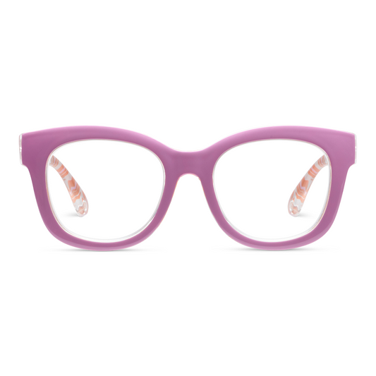 A pair of Peepers with Laura Park's signature frond orange print, rounded cat-eye eyeglass frames in a matte dusty pink color, shown against a solid white background