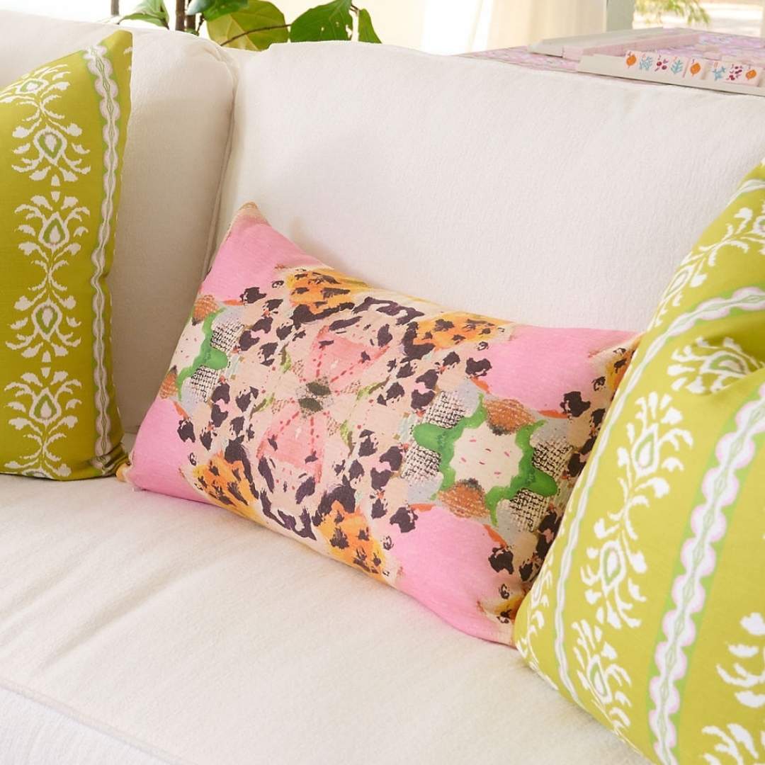 Tiger Lily Decorative Pillow by Laura Park featuring a living room with bright green rosemary stripe pillow — perfect for sofa styling and bedroom layering.