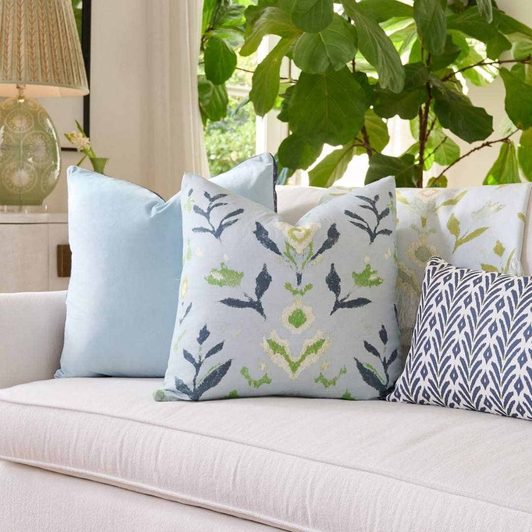 Light Blue Velvet Pillow with Navy Embroidery by Laura Park — signature print home and lifestyle product.