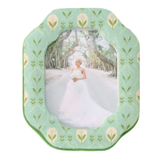 Decorative Blooms in Blue photo frame with signature floral pattern in soft blue, green, and ivory tones and scalloped edges.