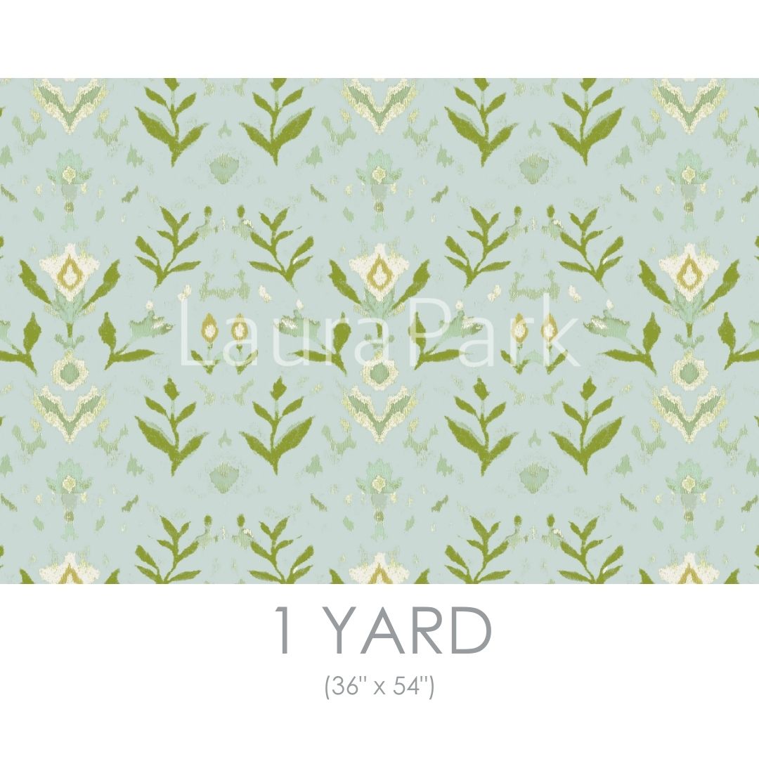 Sample fabric swatch of hand painted design from Laura Park, Petal Garden Aqua. Blue, green, and white floral motifs on fabric swatch for home design. 