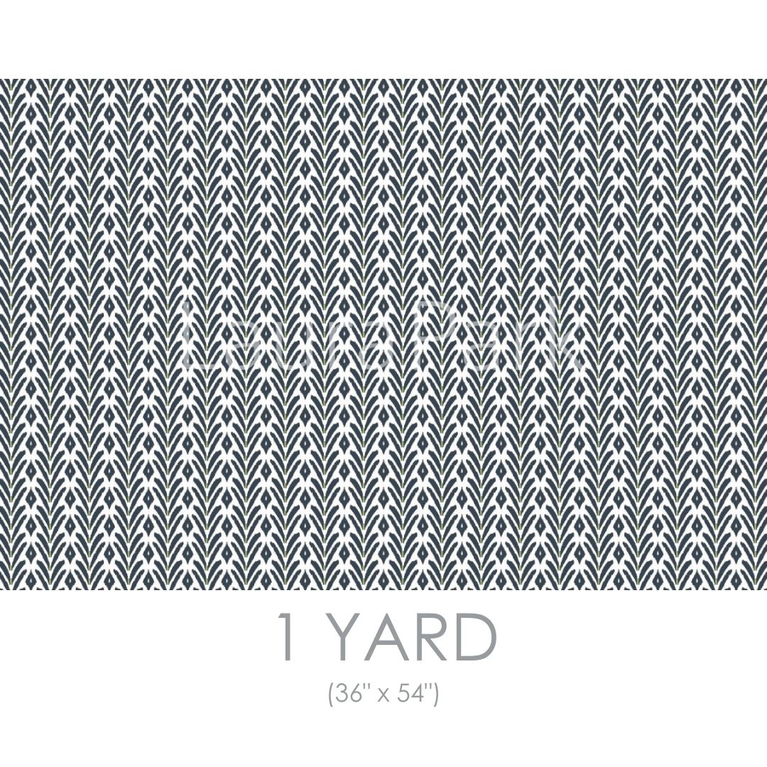 Petite Frond Navy Fabric by the Yard by Laura Park featuring botanical stripe in olive green and navy — linen cotton for custom furni — linen cotton for custom furniture and drapery.