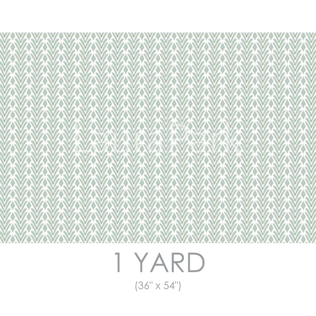 Petite Frond Blue Fabric by the Yard by Laura Park featuring botanical stripe in olive green and blue — linen cotton for custom furni — linen cotton for custom furniture and drapery.