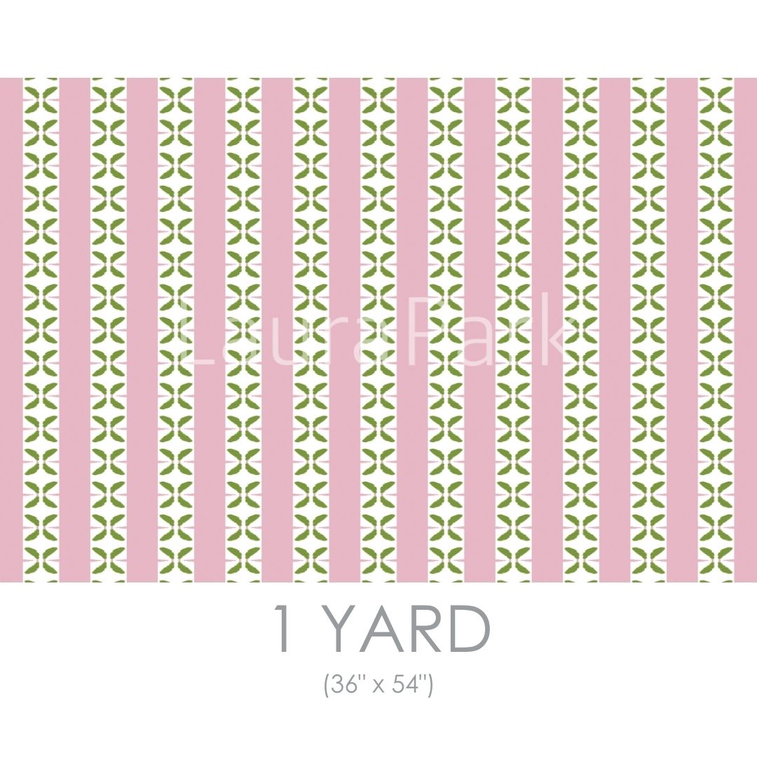 Petal Stripe Light Pink Fabric by the Yard by Laura Park featuring stripes with green leaf pattern in light pink — linen cotton for — linen cotton for custom furniture and drapery.