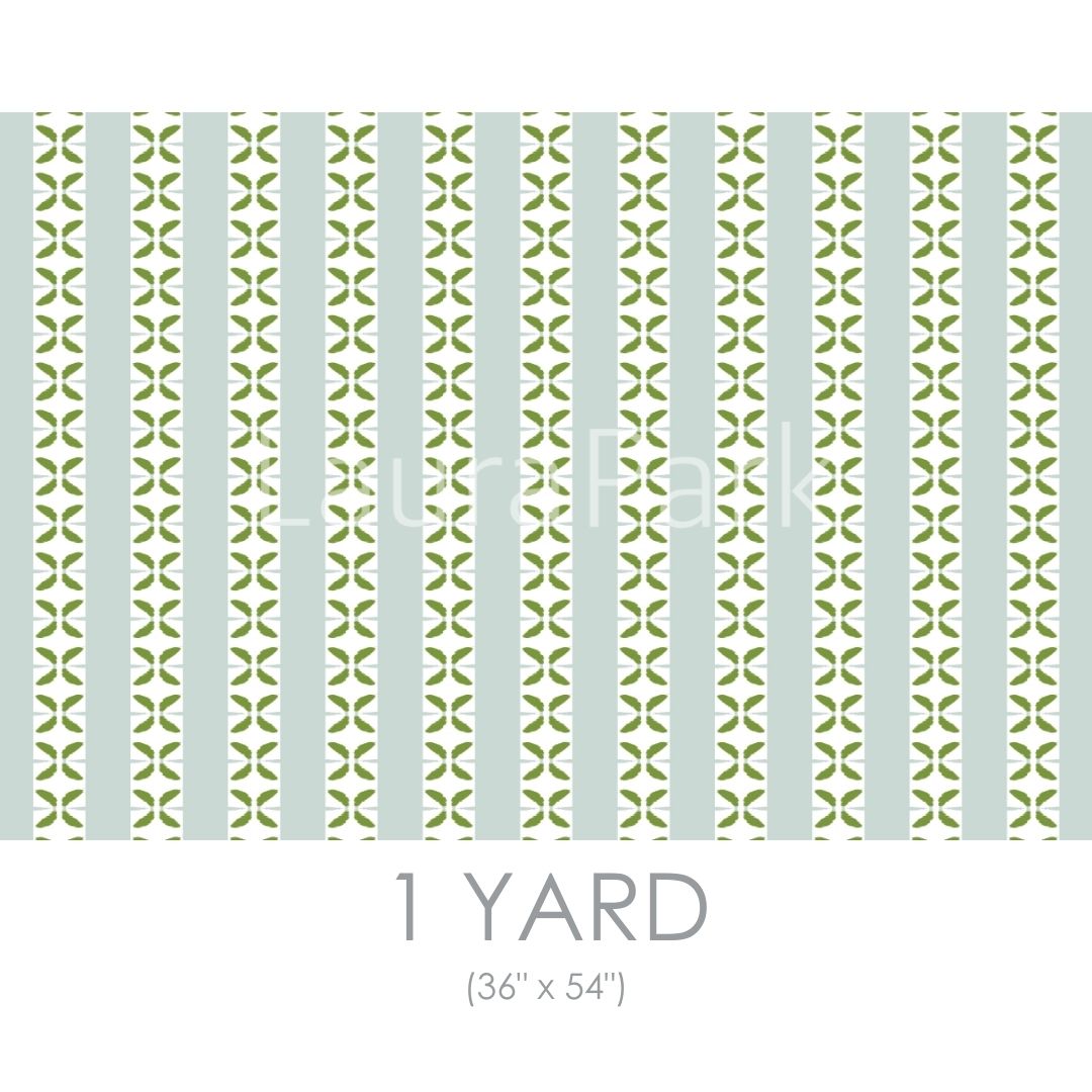 Petal Stripe Light Blue Fabric by the Yard by Laura Park featuring stripes with green leaf pattern in light blue — linen cotton for — linen cotton for custom furniture and drapery.