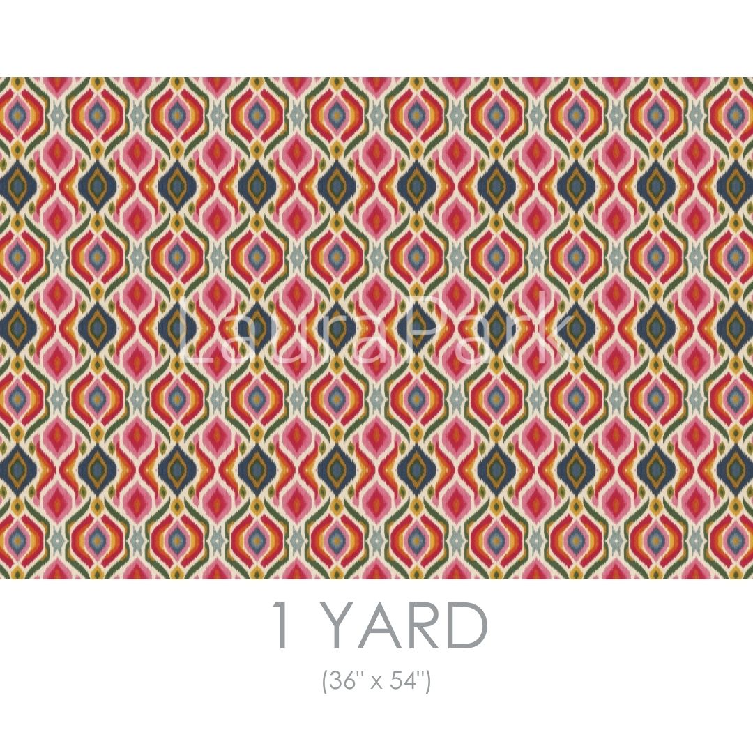 Bloomsbury Ikat Fabric by the Yard by Laura Park featuring hand-painted ikat in reds, oranges, yellows, and pinks — linen cotton — linen cotton for custom furniture and drapery.