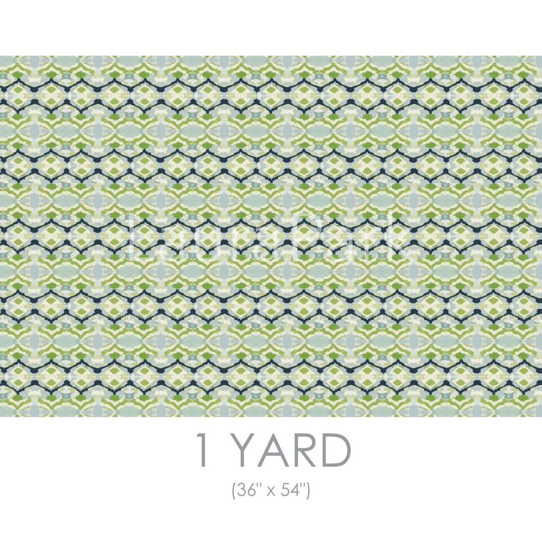 Willow Weave Sample Swatch by Laura Park featuring handwoven-inspired print in soft blues, greens, navy, and ivory — linen cotto — designer upholstery and drapery fabric by the yard.