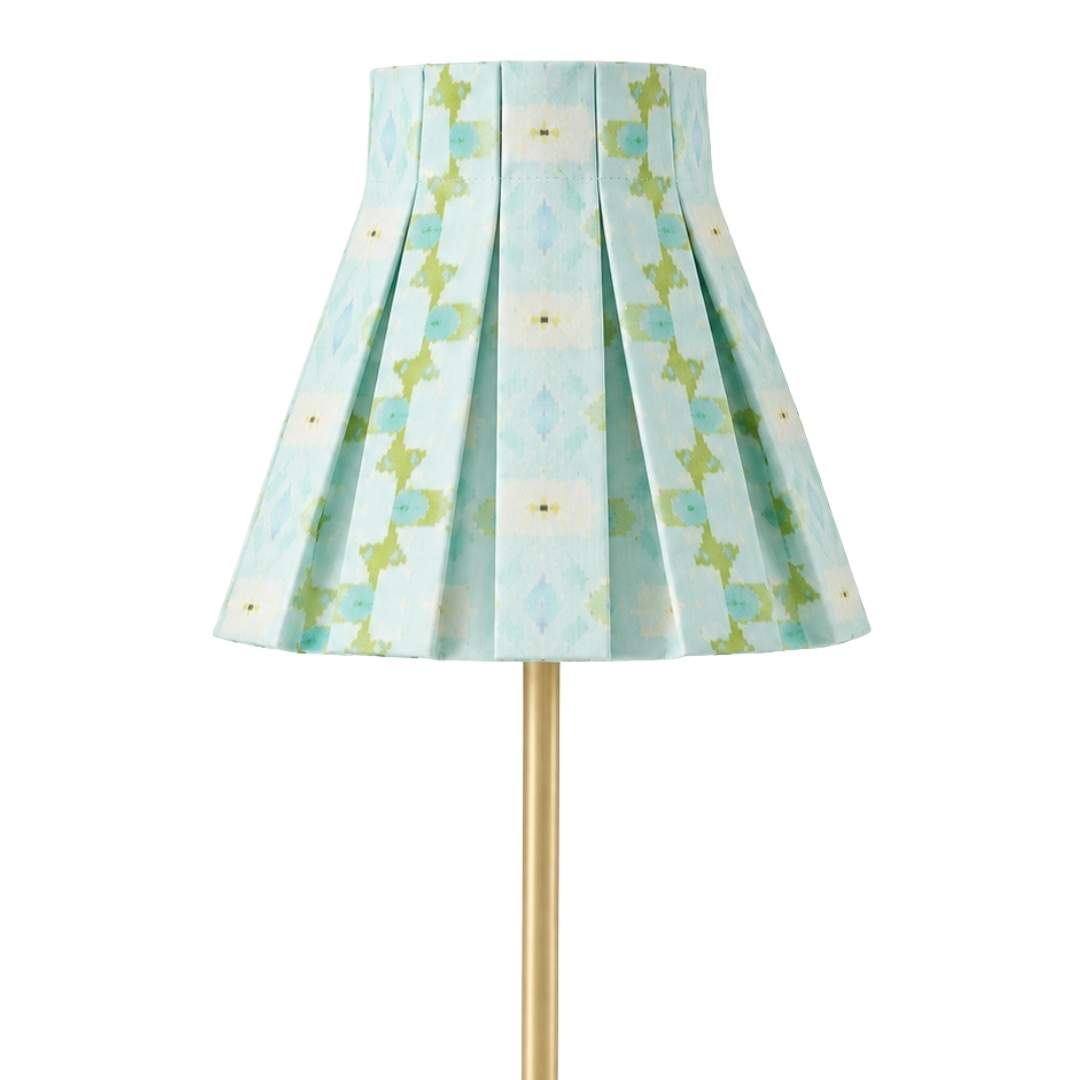 Chloe Blue Lampshade by Laura Park, perfect lampshade slipcover for bedrooms or living rooms, hand painted blue green and cream motifs. 