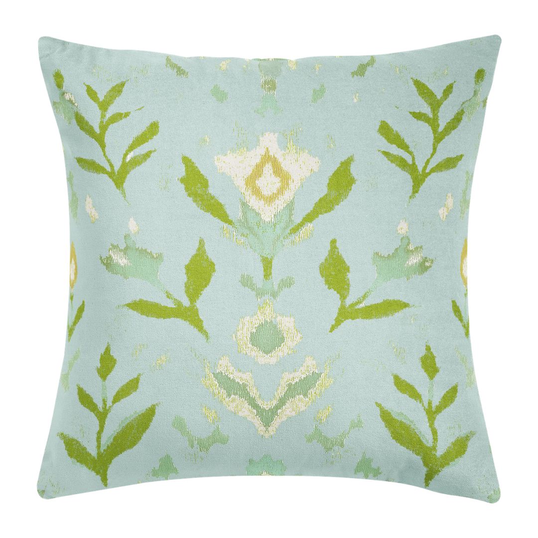 Petal Garden Aqua Decorative Pillow by Laura Park — living room, bedroom, and sofa.