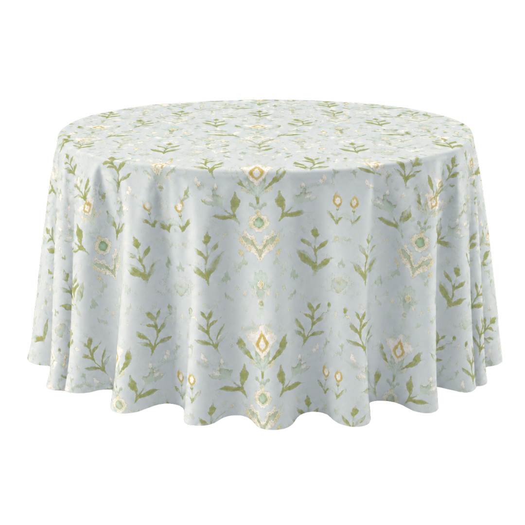 Round tablecloth with Laura Park's signature Petal Garden Aqua floral pattern on a white background, perfect for dining rooms or entertaining. 