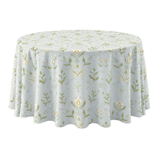 Round tablecloth with Laura Park's signature Petal Garden Aqua floral pattern on a white background, perfect for dining rooms or entertaining. 