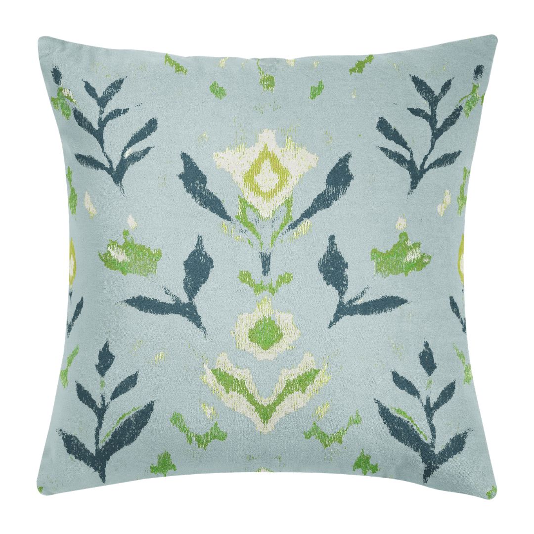 Laura Park's Petal Garden Navy hand painted design on a decorative throw pillow with a navy, olive green, and off white hand painted floral pattern on a light blue background ready to be styled on a couch, bed, or accent chair. 