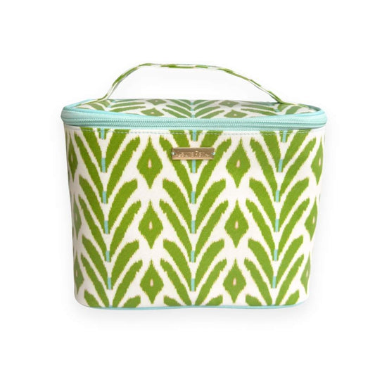 Green and white patterned train case with a Laura Park label, blue durable zipper, and patterned strap handle on top. 