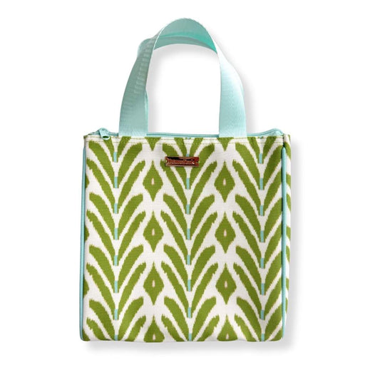 Lunch bag with Laura Park's Ikat inspired petite frond green print with light blue accents, durable zipper, wipeable inside, and blue strap. 