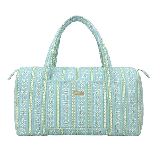 Light blue rosemary stripe quilted duffle with green stripes and floral motifs with a zipper top and an outside pocket. 