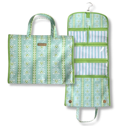 Green and blue rosemary stripe blue hanging travel bag by laura park with wipeable interior zipper pockets. 