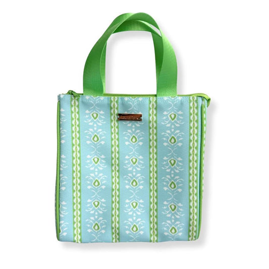Laura Park rosemary stripe blue lunch tote with floral motifs and stripes with green handles and a durable green zipper. 