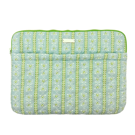 laura park rosemary stripe blue and green striped floral laptop case with green durable zipper and outside pocket. 